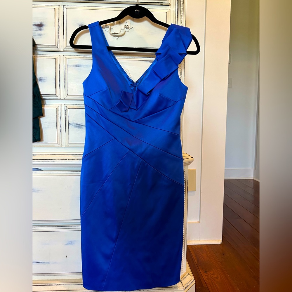 Max and Cleo blue satin semi formal cocktail dress